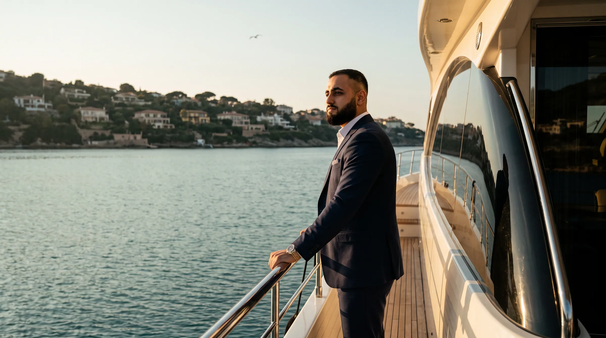 Hassan Pasha at the rail of a motor yacht at golden hour, looking toward the coast